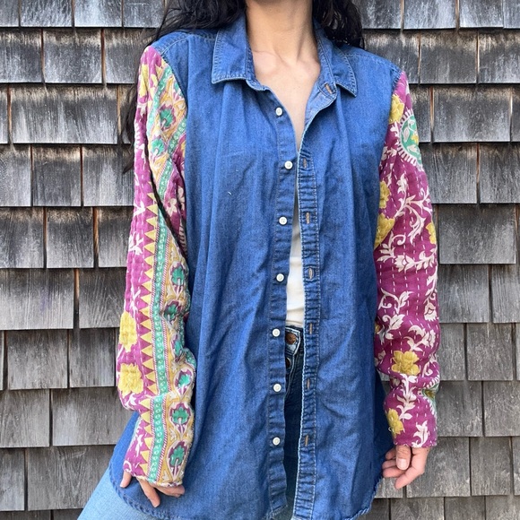 Blue and Pink Oversized Button Down Shirt with Notched Collar - Picture 1 of 4